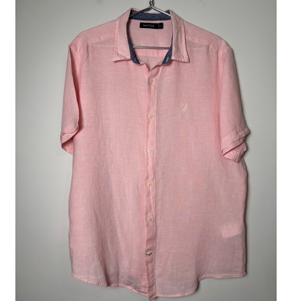 Nautica Mens Linen Button Up Shirt XL Pink Short Sleeve Preppy Coastal Logo